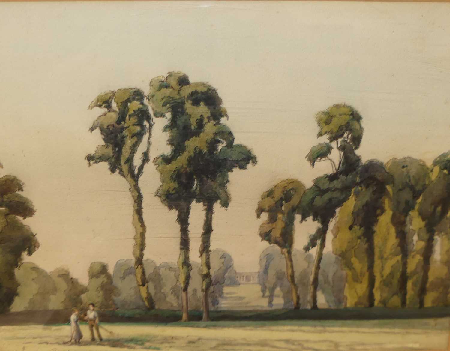 Early 20th century Engish school - parkland scene, watercolour, 28x37, pair of monochrome