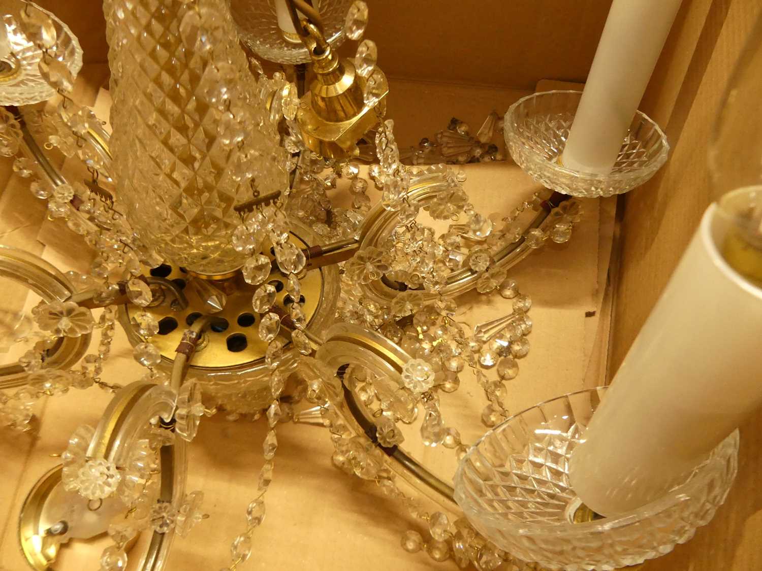 A moulded glass hanging six-light electrolier; together with a gilt brass and cut crystal glass drop - Image 3 of 6