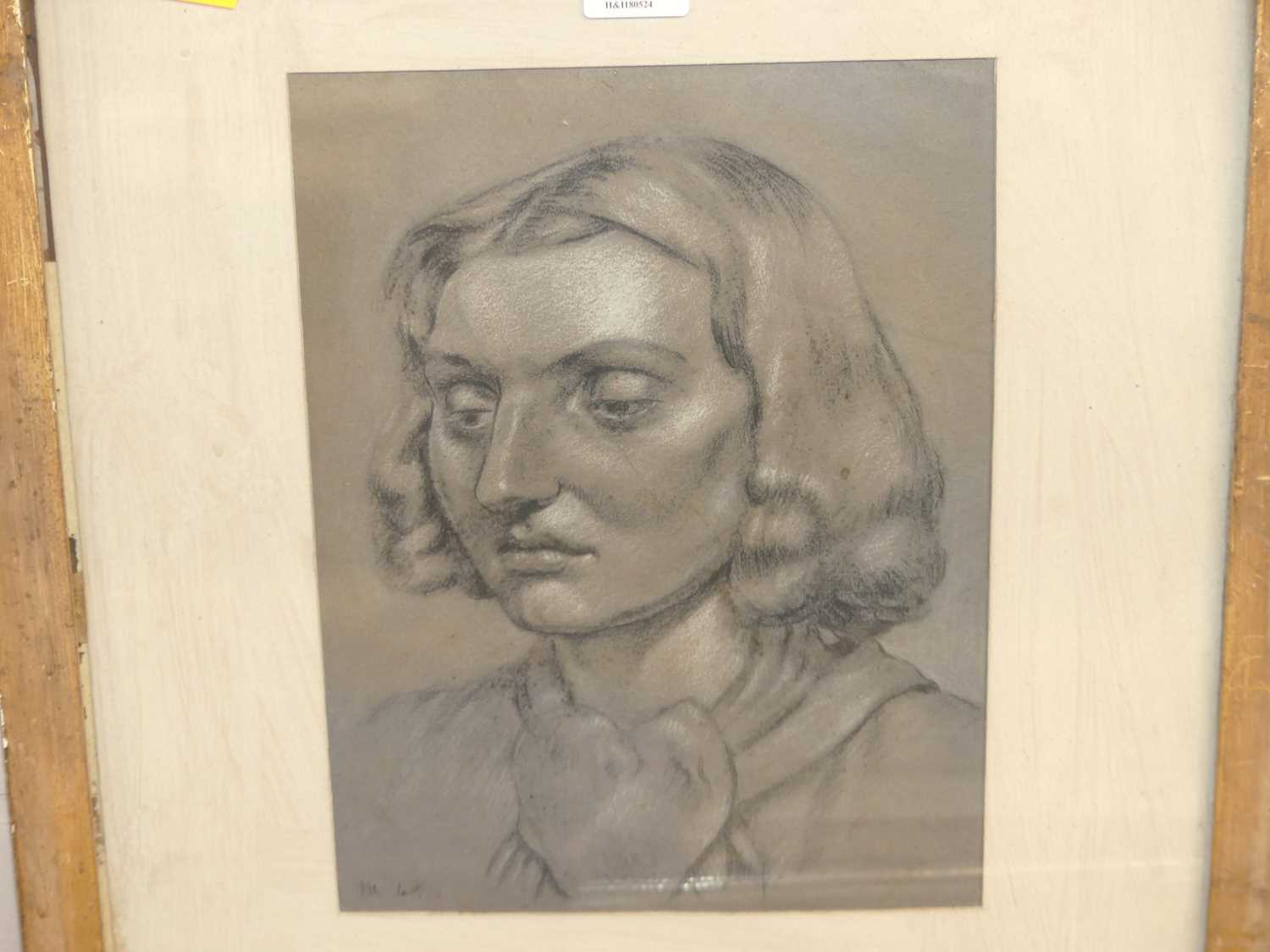 Early 20th century school- Bust portrait of a young woman, black & white chalks, signed with - Image 2 of 2