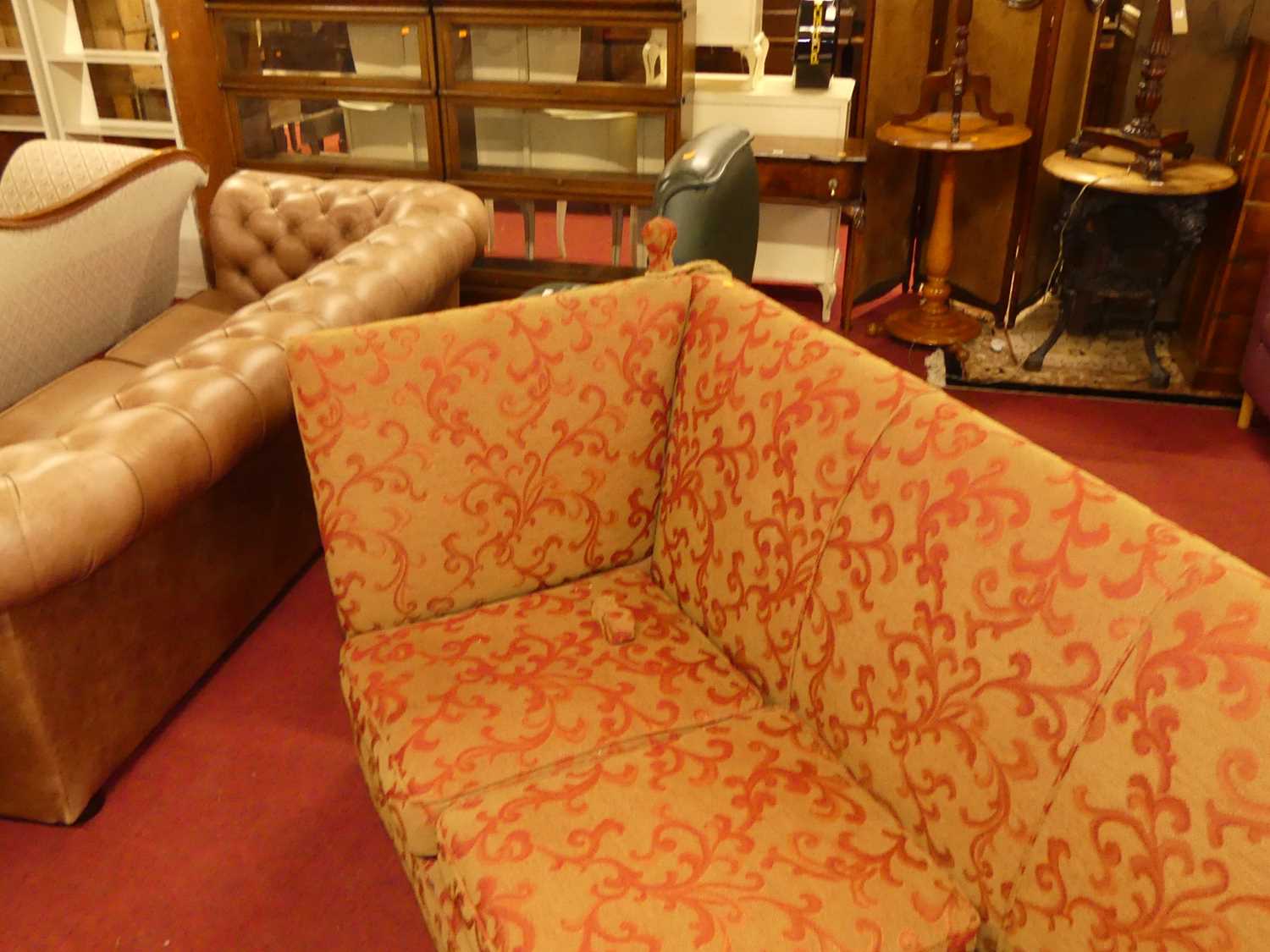 A red floral needlework upholstered three-seater Knoll sofa, having squab cushions, width 185cm Some - Image 4 of 5