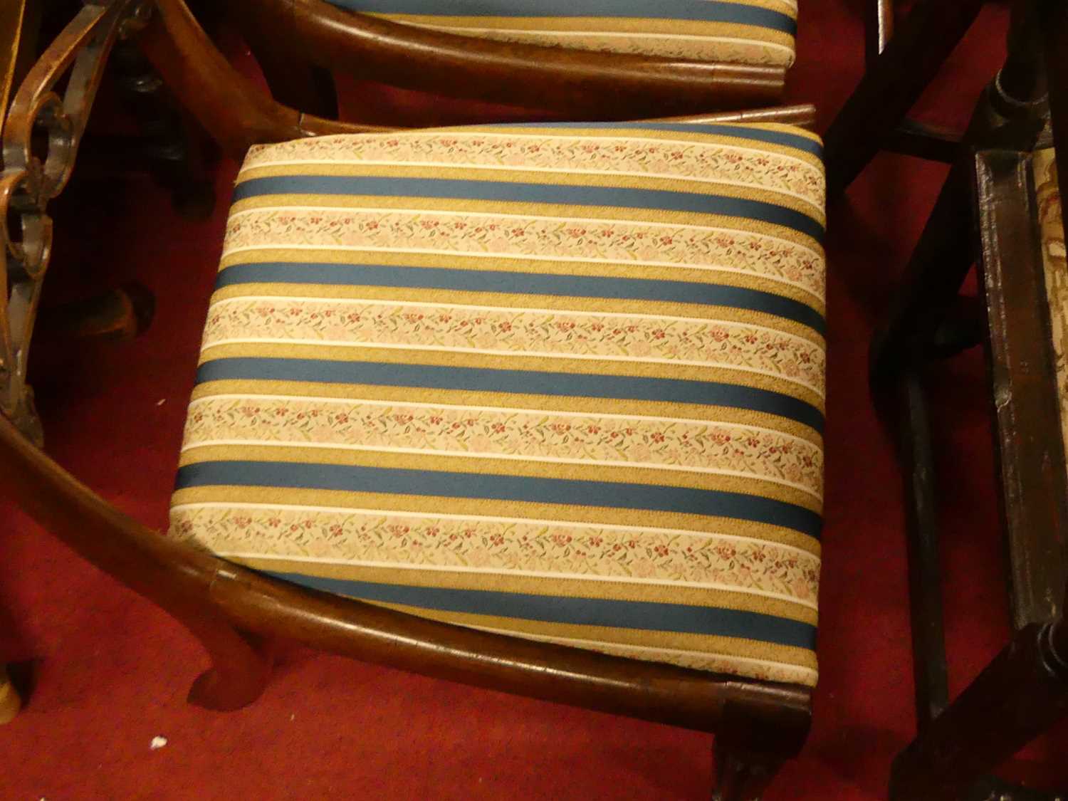 A set of four 19th century rosewood bar back dining chairs, each having striped floral upholstered - Image 5 of 5