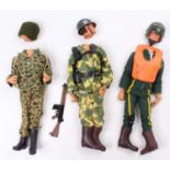 Three various vintage Action Man Palitoy dolls, wearing mixed military uniforms