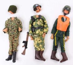 Three various vintage Action Man Palitoy dolls, wearing mixed military uniforms
