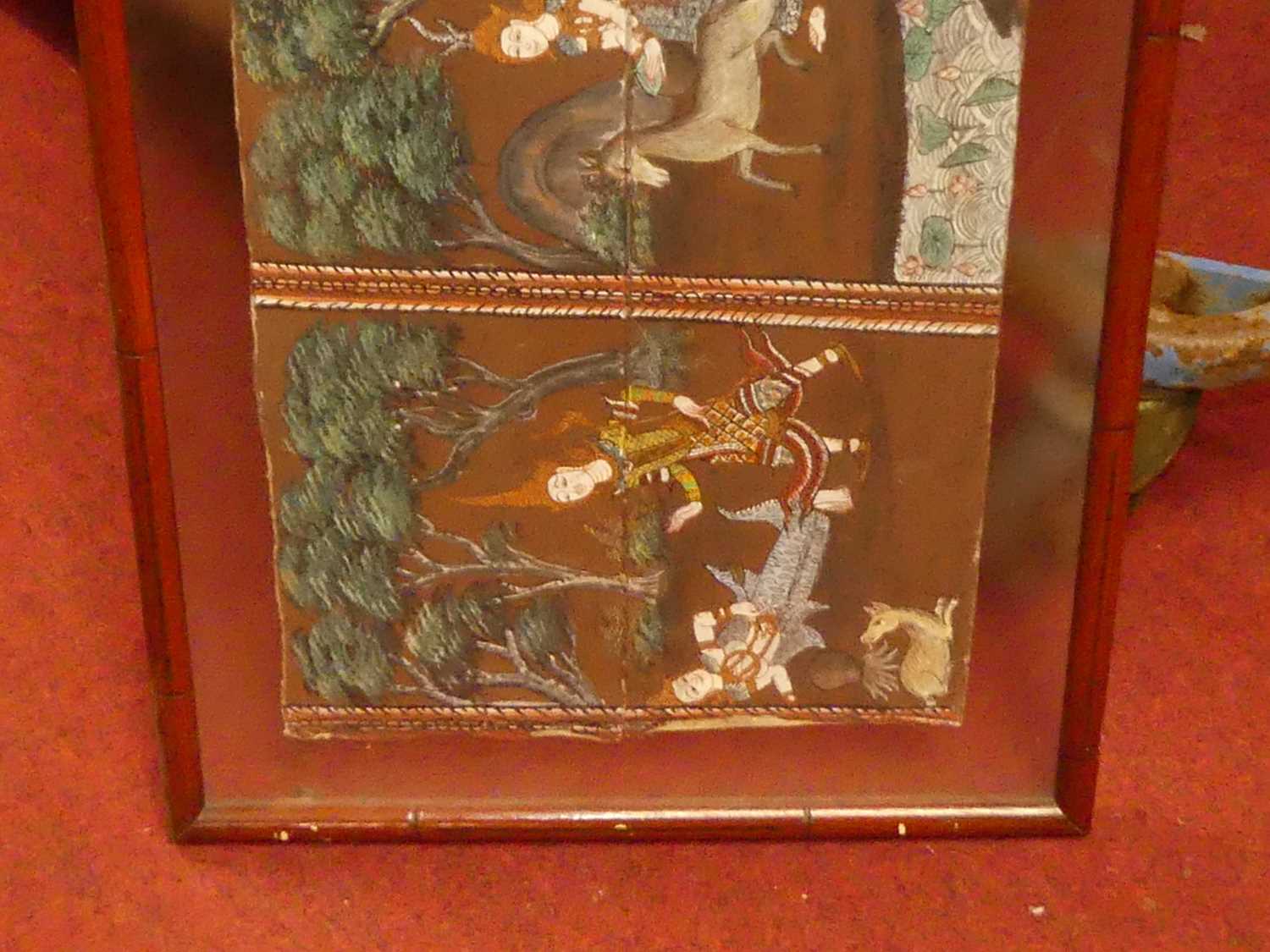 A Japanese painted scroll depicting Samurai warriors, within a glazed box frame; together with two - Image 4 of 9