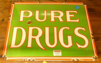 An enamel on metal wall mounted sign titled Pure Drugs, 29 x 37.5cm