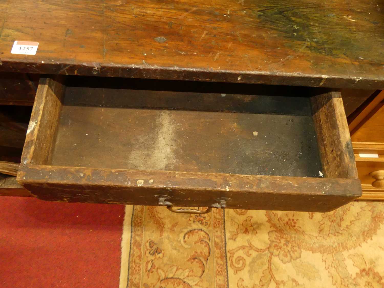 A rustic 19th century stained pine two drawer work table, on turned supports, w.117cm - Image 4 of 4