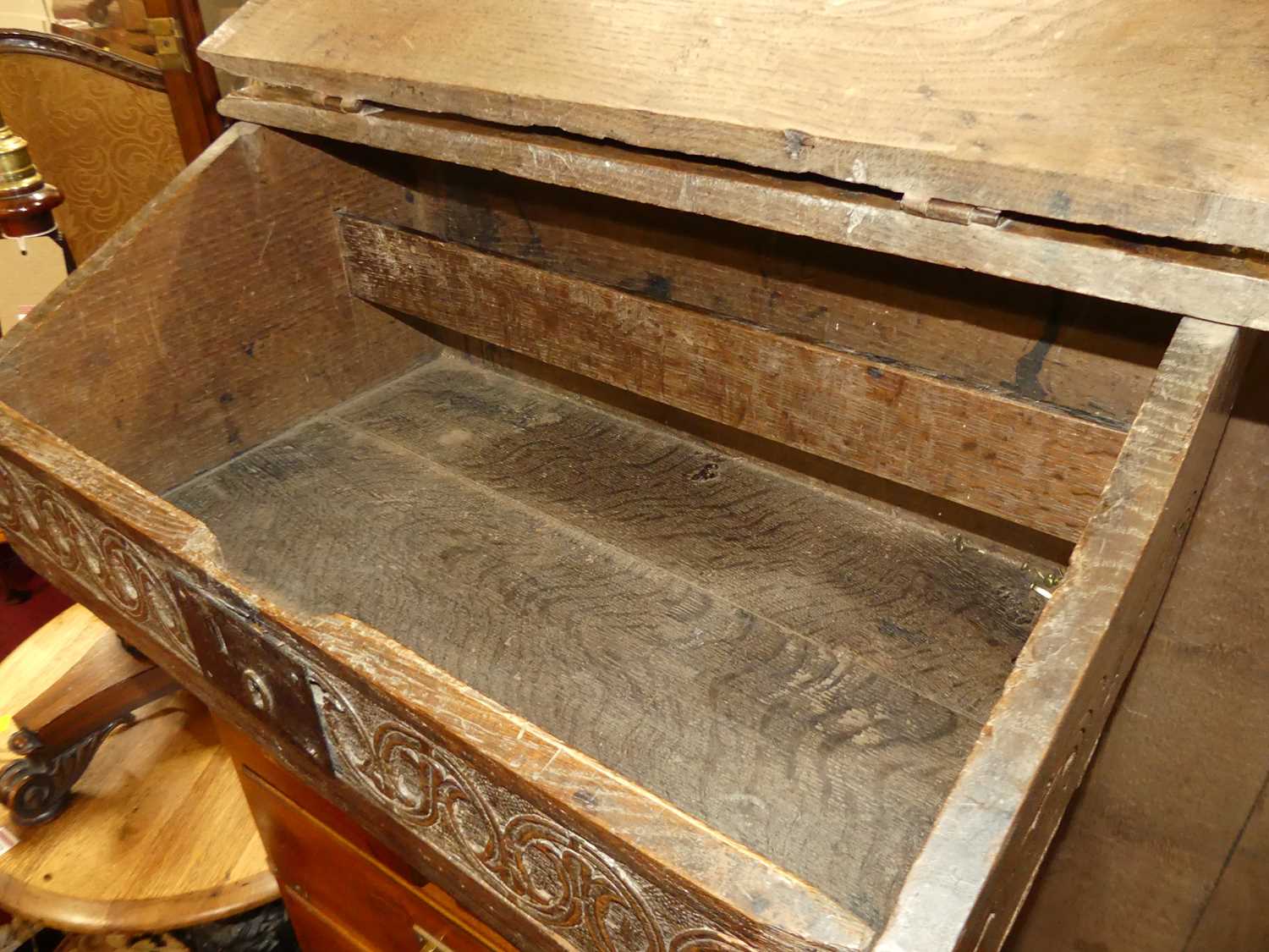 An 18th century oak slopefront hinged Bible box, having relief carved front panel, exposed iron - Image 5 of 5
