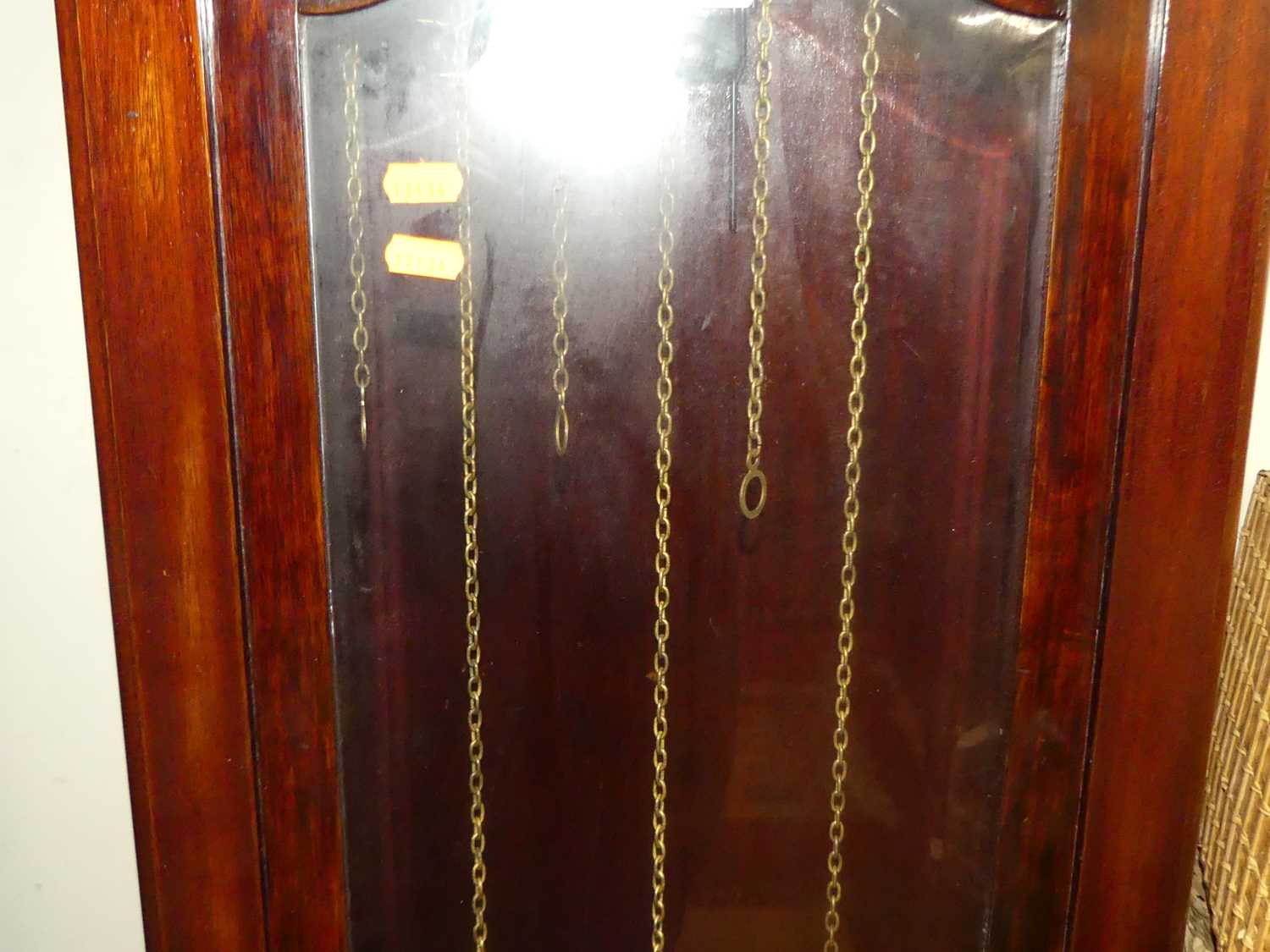 A 1920s stained beechwood longcase clock, having painted metal square Arabic dial, three train - Image 3 of 4
