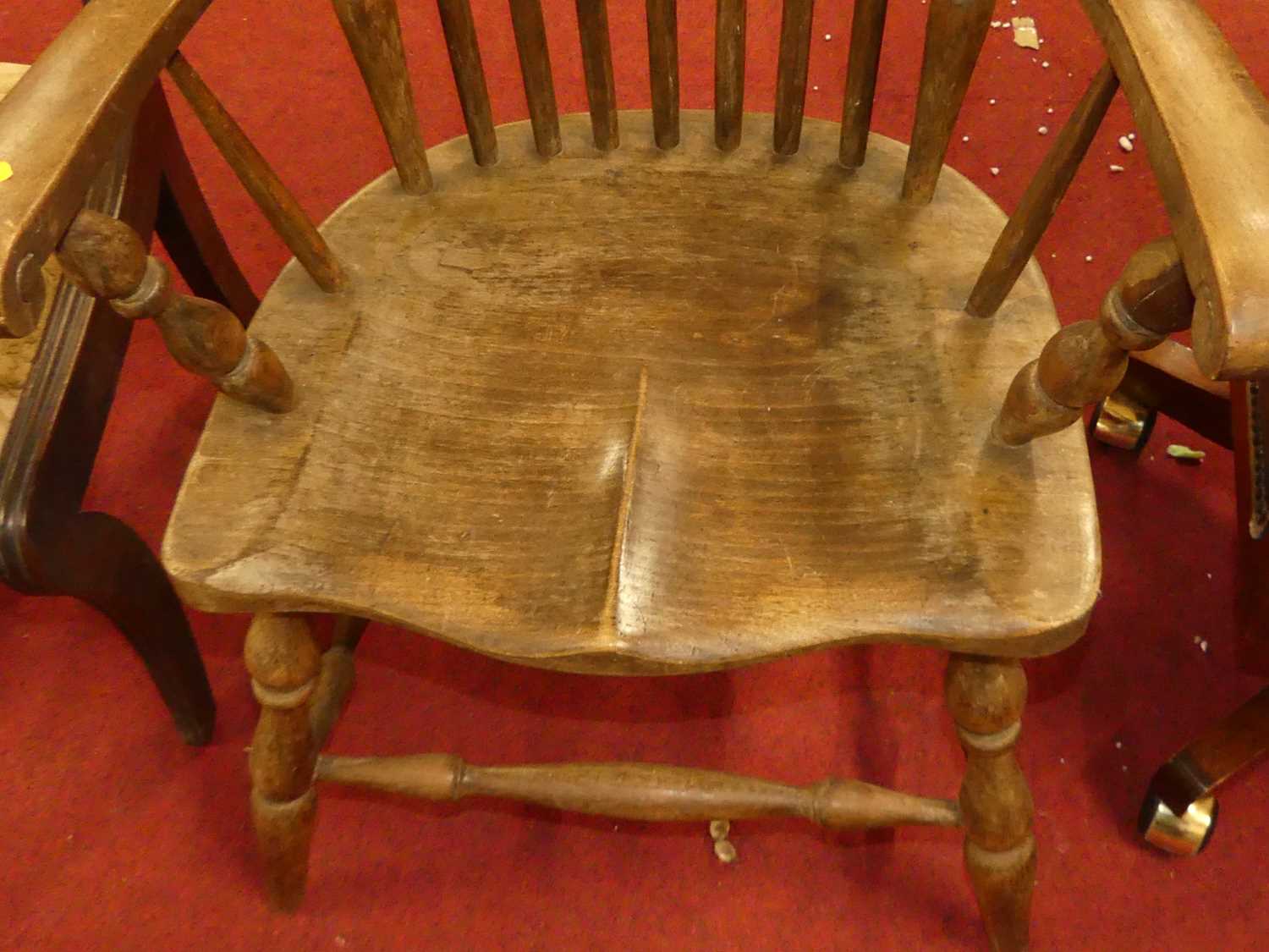 An early 20th century elm and beech stickback farmhouse open armchair, w.61cm - Image 2 of 3