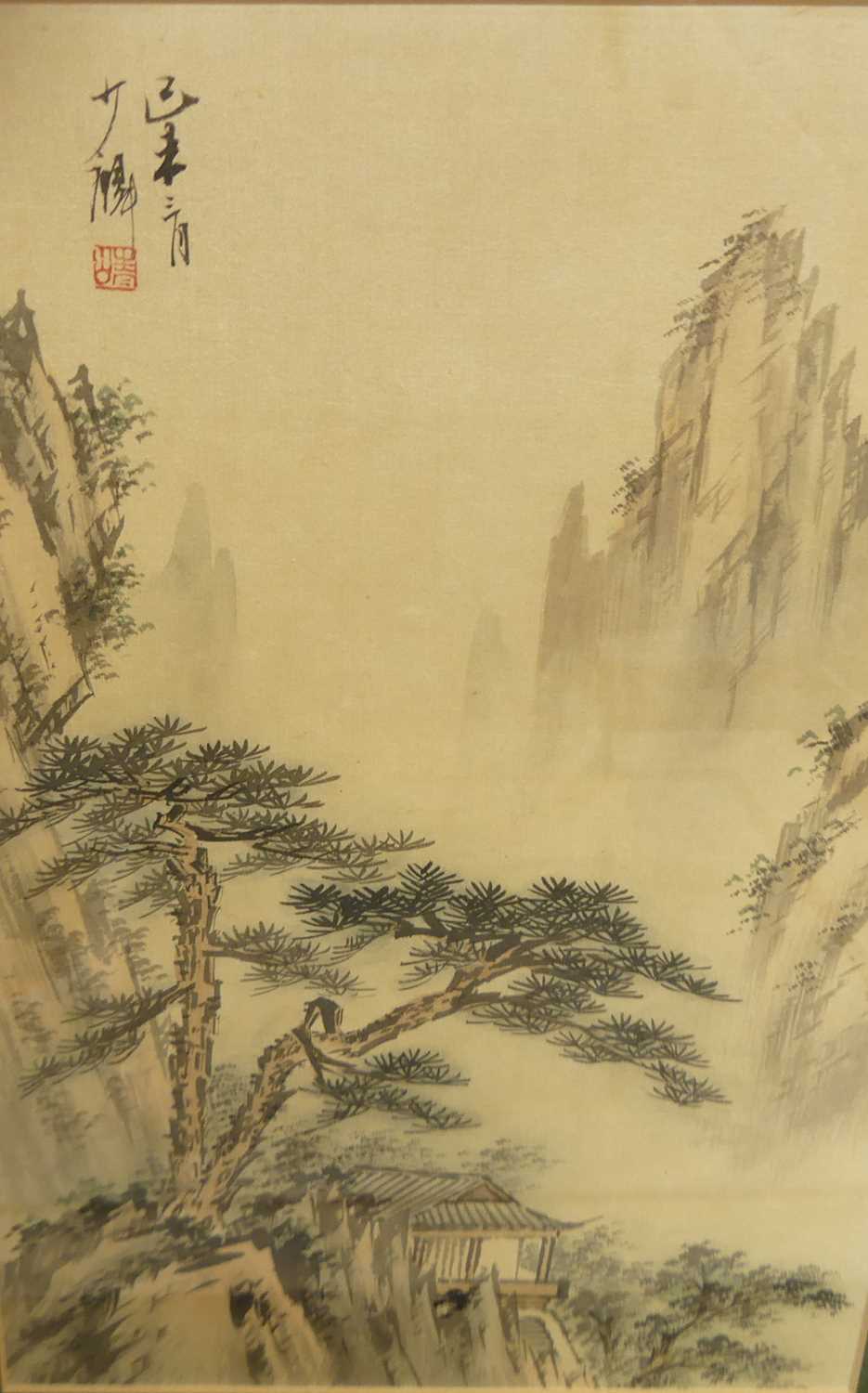A matched set of four Chinese landscape watercolours on silk, each with studio seal, mid-20th