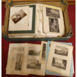 A box of assorted loose pictures and prints, to include watercolour sketches, various monochrome