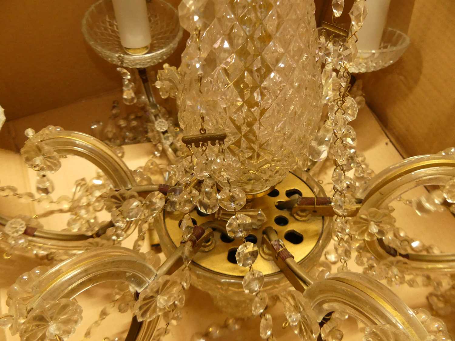 A moulded glass hanging six-light electrolier; together with a gilt brass and cut crystal glass drop - Image 2 of 6