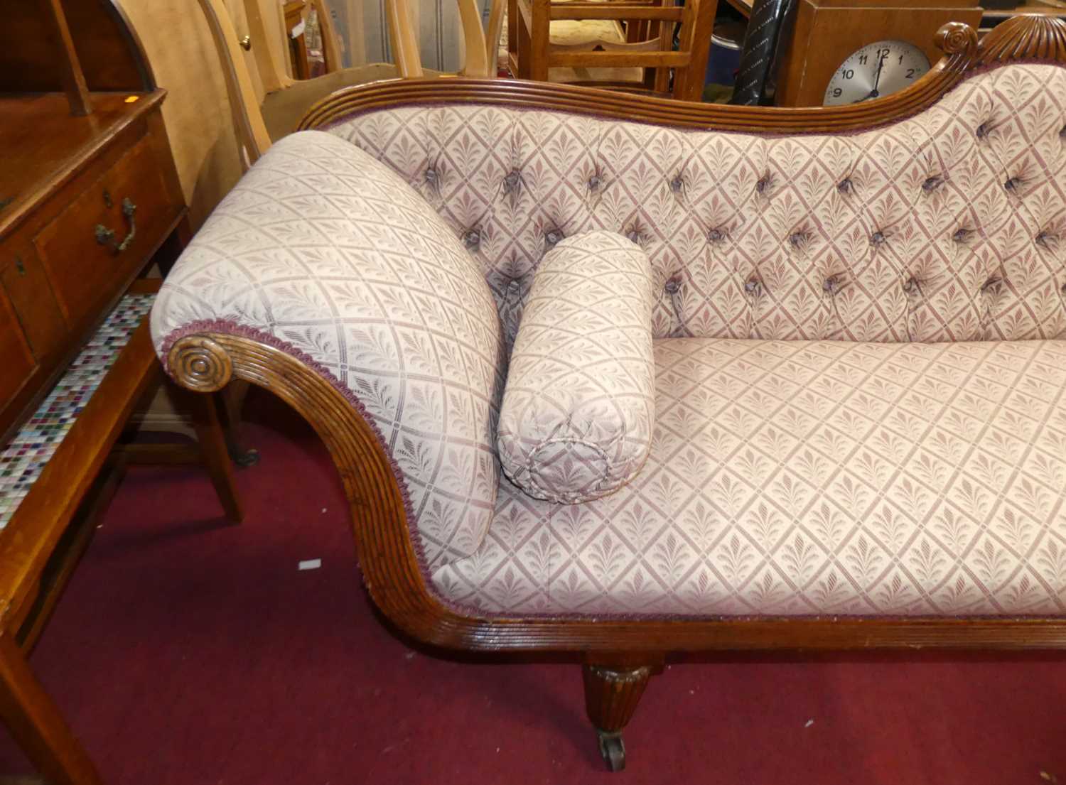 A Regency mahogany scroll-end four-seater sofa, floral button back fabric upholstered, raised on - Bild 2 aus 7