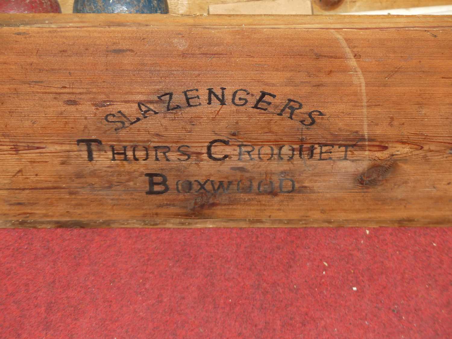 A Slazenger of London croquet set, the metal bound pine box containing four mallets, four coloured - Image 2 of 3