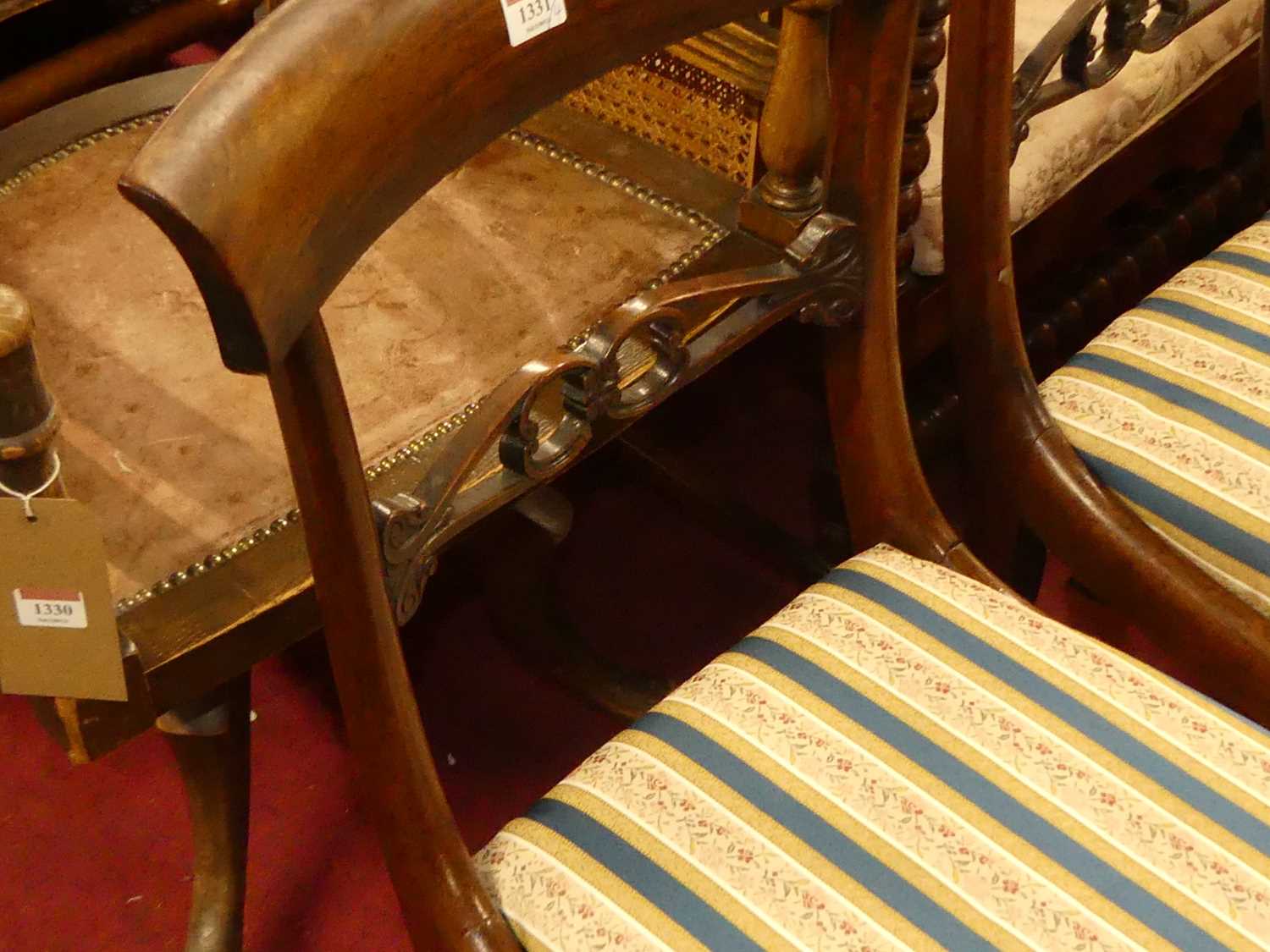 A set of four 19th century rosewood bar back dining chairs, each having striped floral upholstered - Image 2 of 5