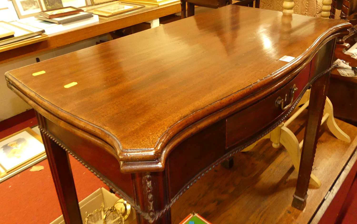 A George III mahogany serpentine front fold-over tea table, having rear gateleg action, single - Image 2 of 4