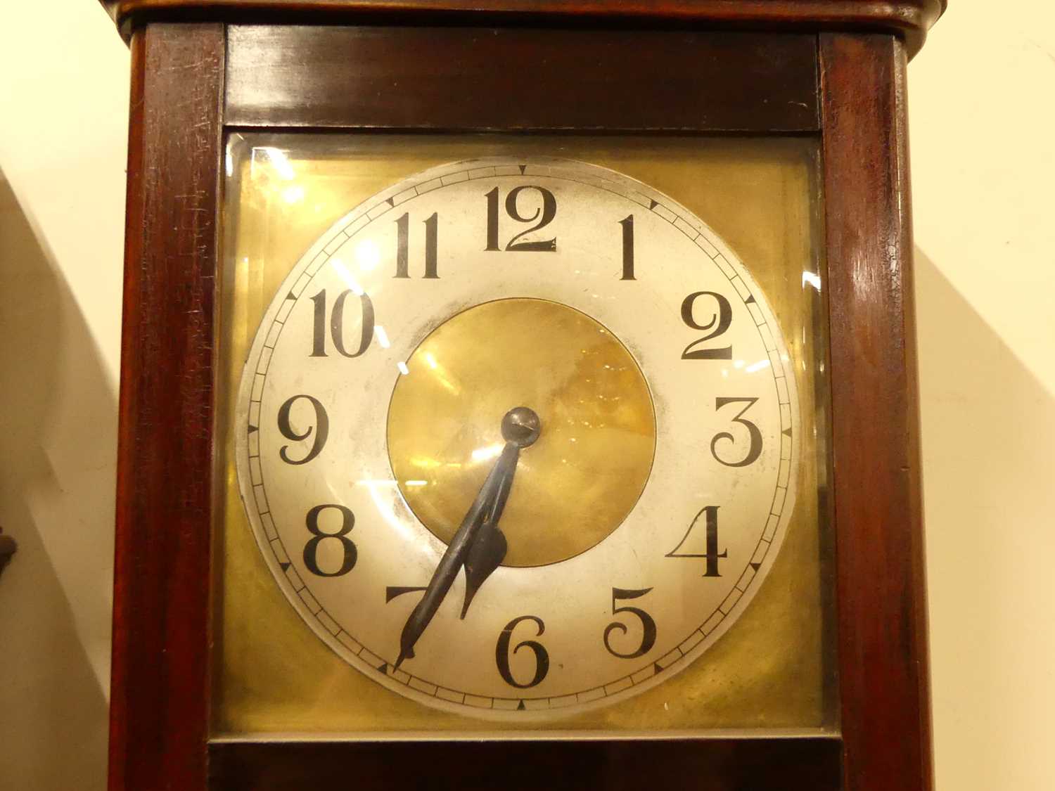 A 1920s stained beechwood longcase clock, having painted metal square Arabic dial, three train - Image 2 of 4