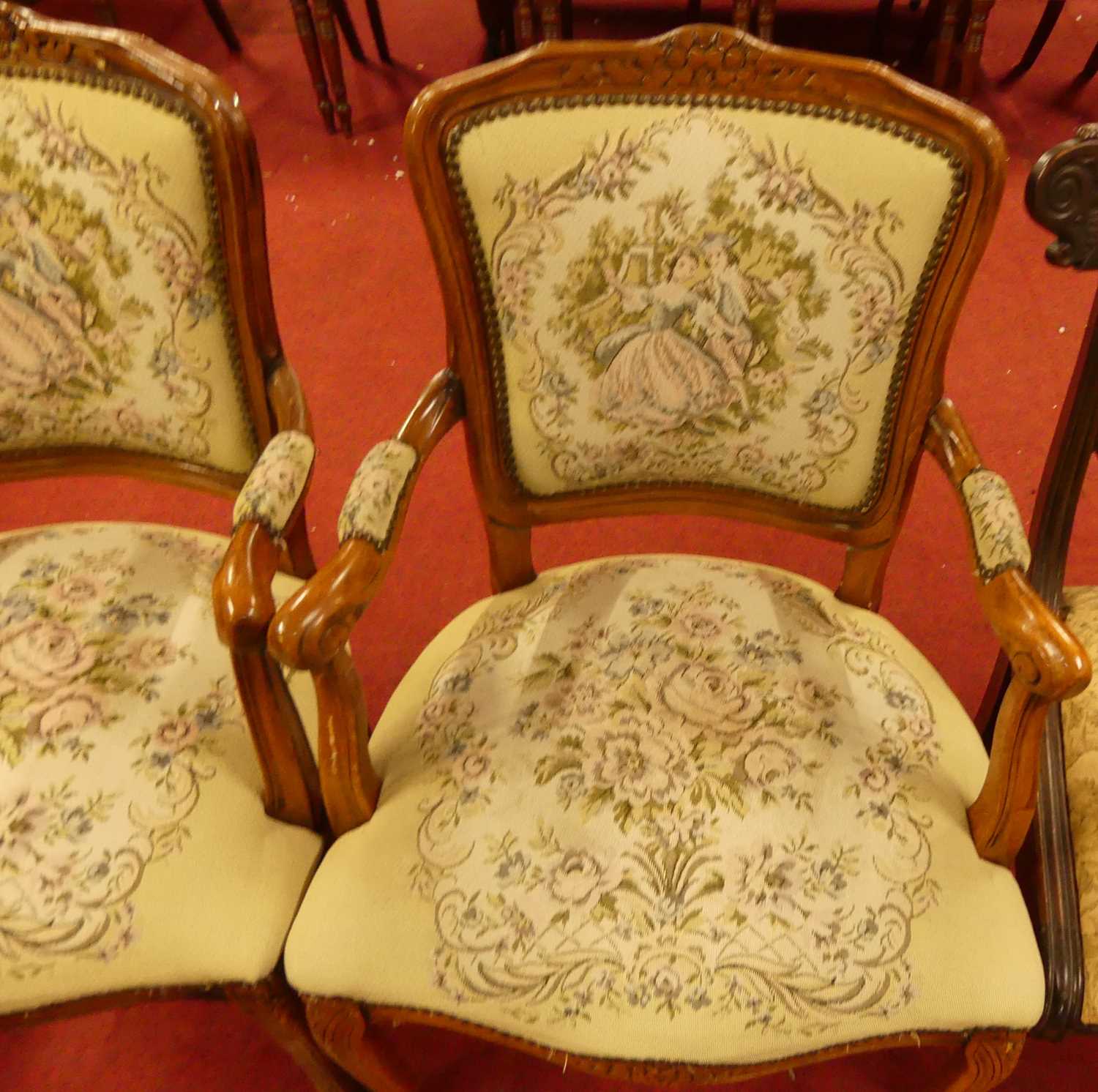 A pair of contemporary French walnut needlework floral and figural upholstered elbow chairs, in - Image 3 of 4