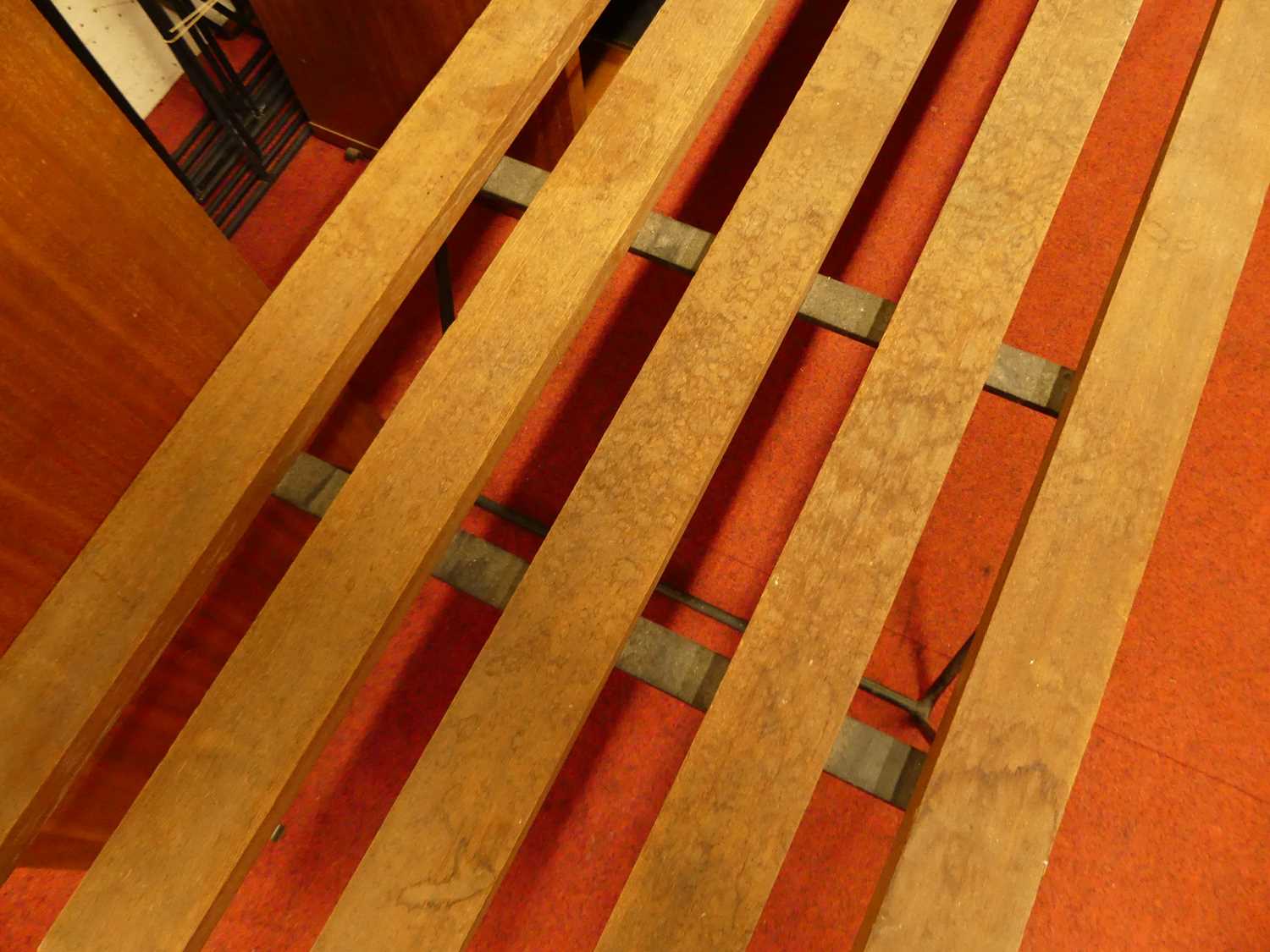 A 1960s black painted wired metal and teak adjustable shelving unit, having five laddered upright - Image 2 of 4