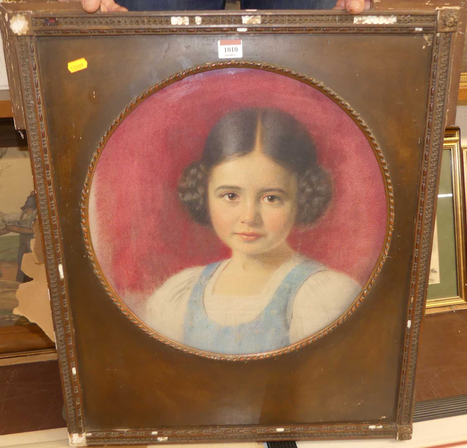 Circa 1900 school- bust portrait of a young girl, pastel, framed as an oval, 44x43cm