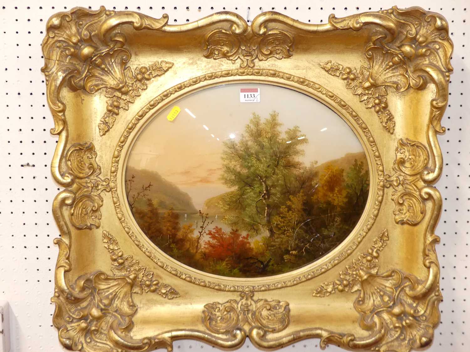 A pair of reverse oil paintings on glass of river landscape scenes, each framed as ovals, 32 x - Image 2 of 3