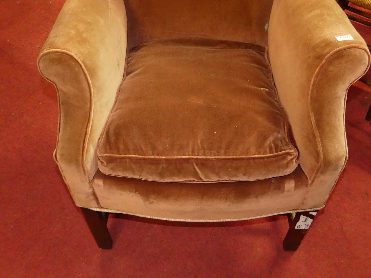 An early 20th century mahogany framed and pink dralon upholstered wing back armchair with squab - Image 2 of 2