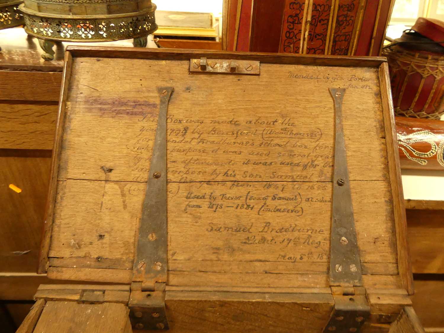 An 18th century oak hinge topped Bible box, having interior candle compartment, the inside of the - Image 4 of 5