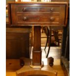 A George IV mahogany dropflap two drawer work table, raised on quatraform base, w.42cm