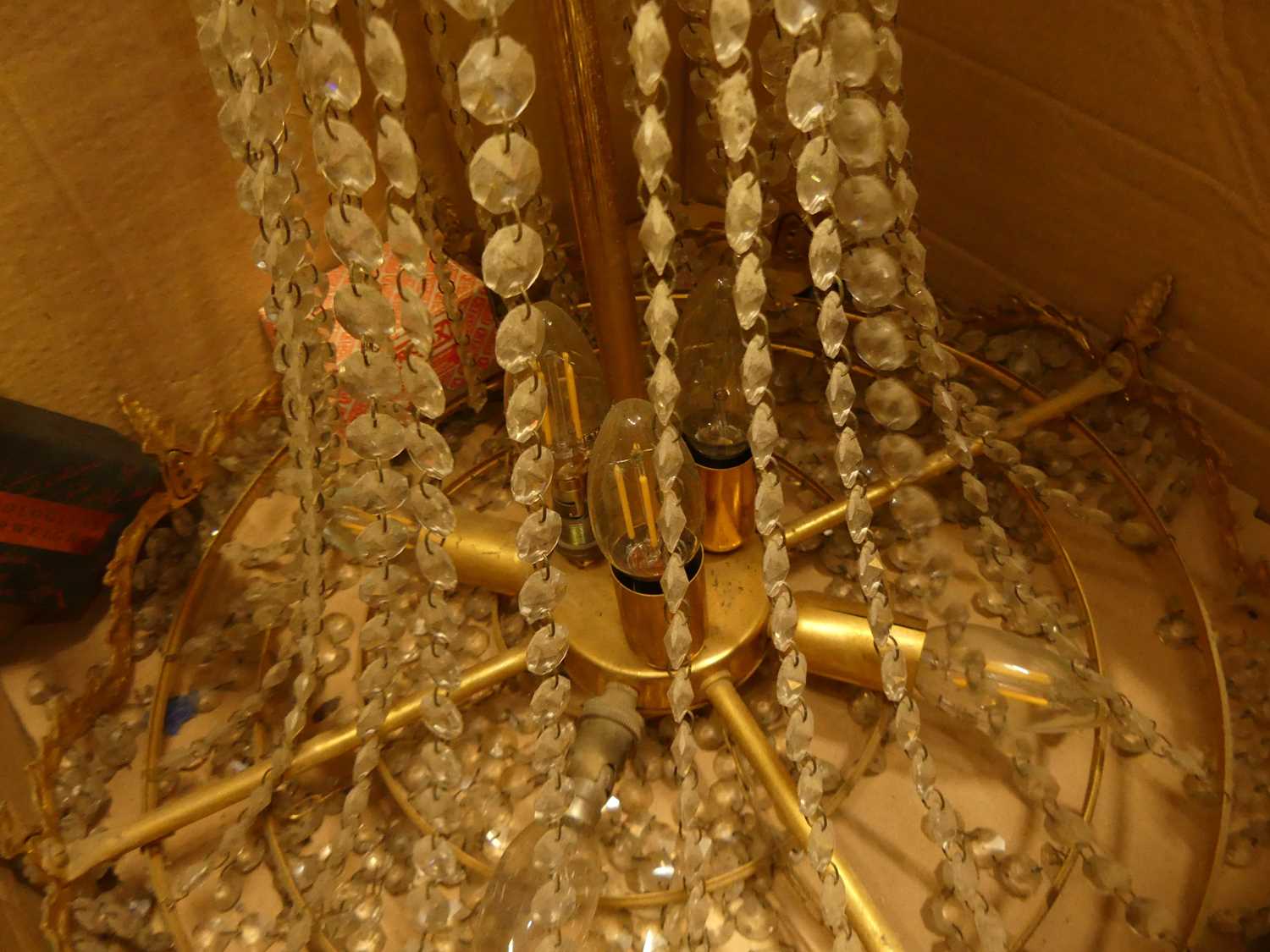 A moulded glass hanging six-light electrolier; together with a gilt brass and cut crystal glass drop - Image 6 of 6