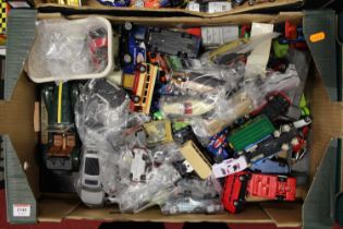 A tray containing a quantity of loose playworn diecast vehicles and miniatures, to include Burago,