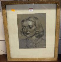 Early 20th century school- Bust portrait of a young woman, black & white chalks, signed with
