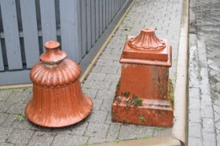 A terracotta classical style urn planter on square stepped base (recently snapped at lower part of