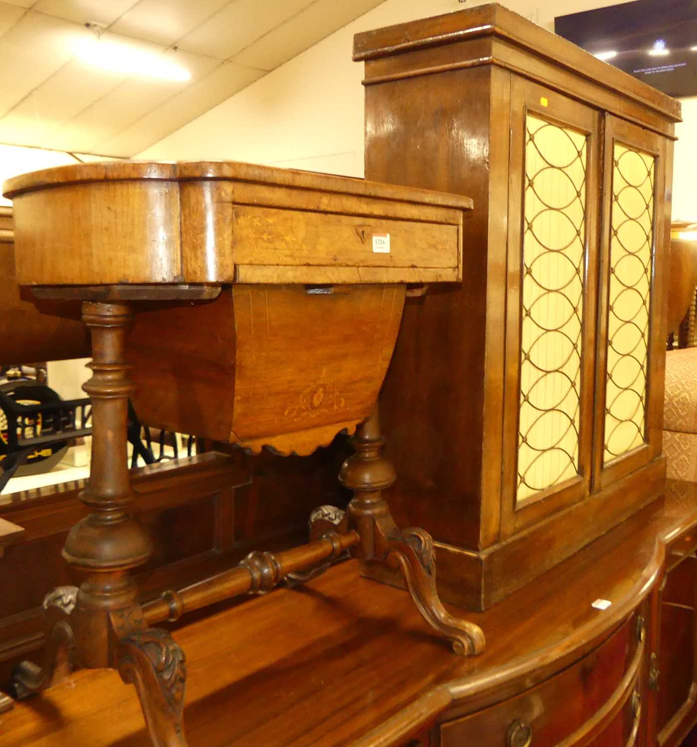 A mid-Victorian figured walnut and floral satinwood inlaid work table, w.61cm; together with a