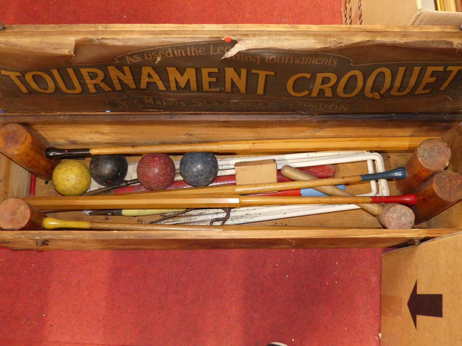 A Slazenger of London croquet set, the metal bound pine box containing four mallets, four coloured - Image 3 of 3