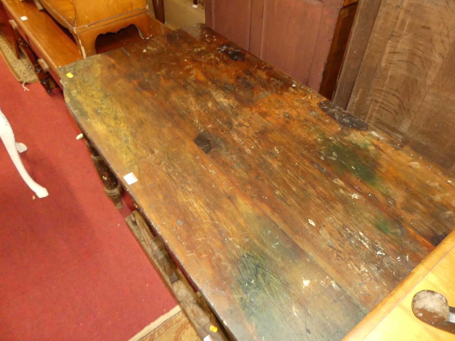 A rustic 19th century stained pine two drawer work table, on turned supports, w.117cm - Image 2 of 4