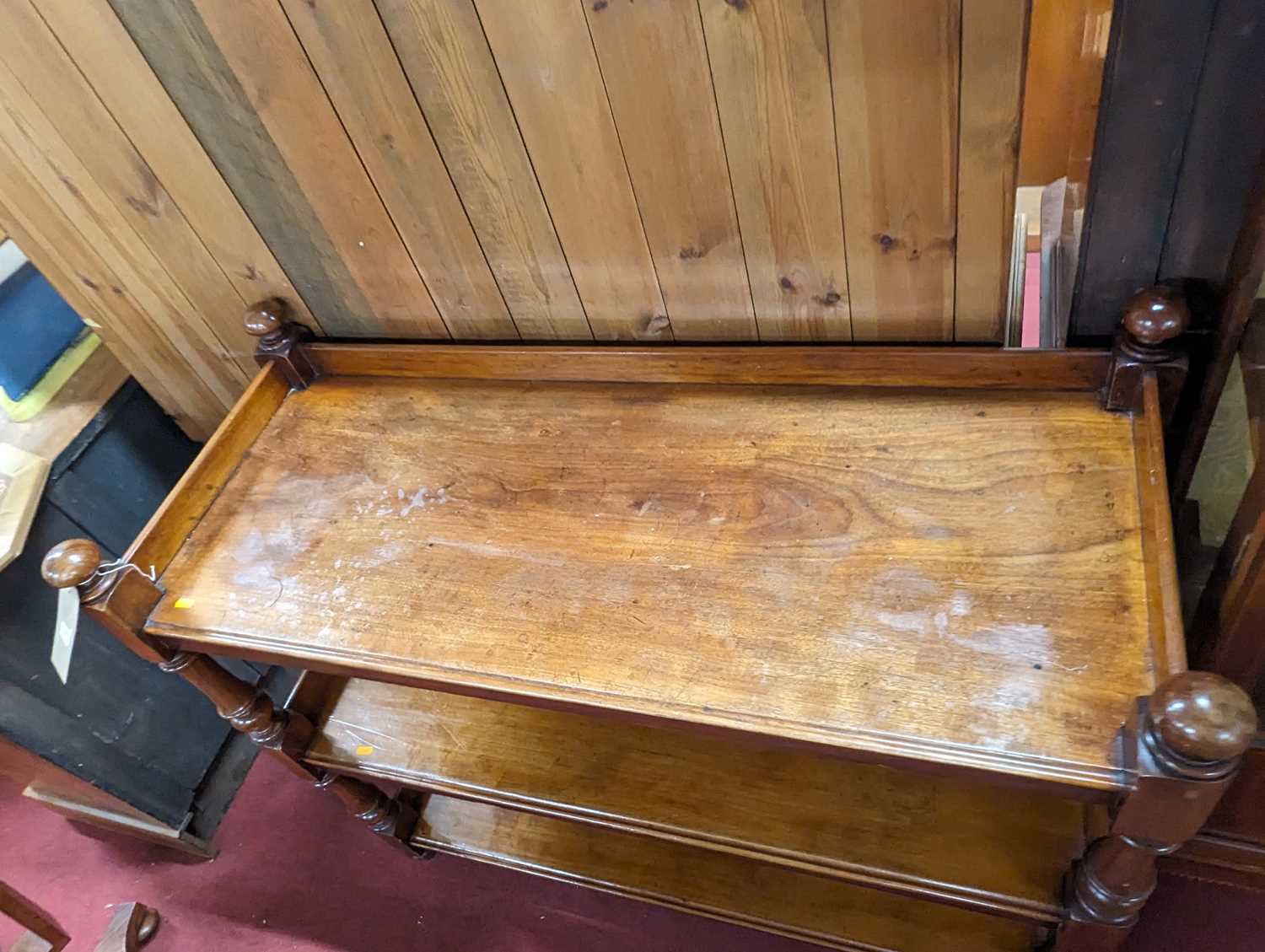 A mid-Victorian mahogany three-tier buffet, raised on turned and square cut supports, w.121cm - Image 2 of 2