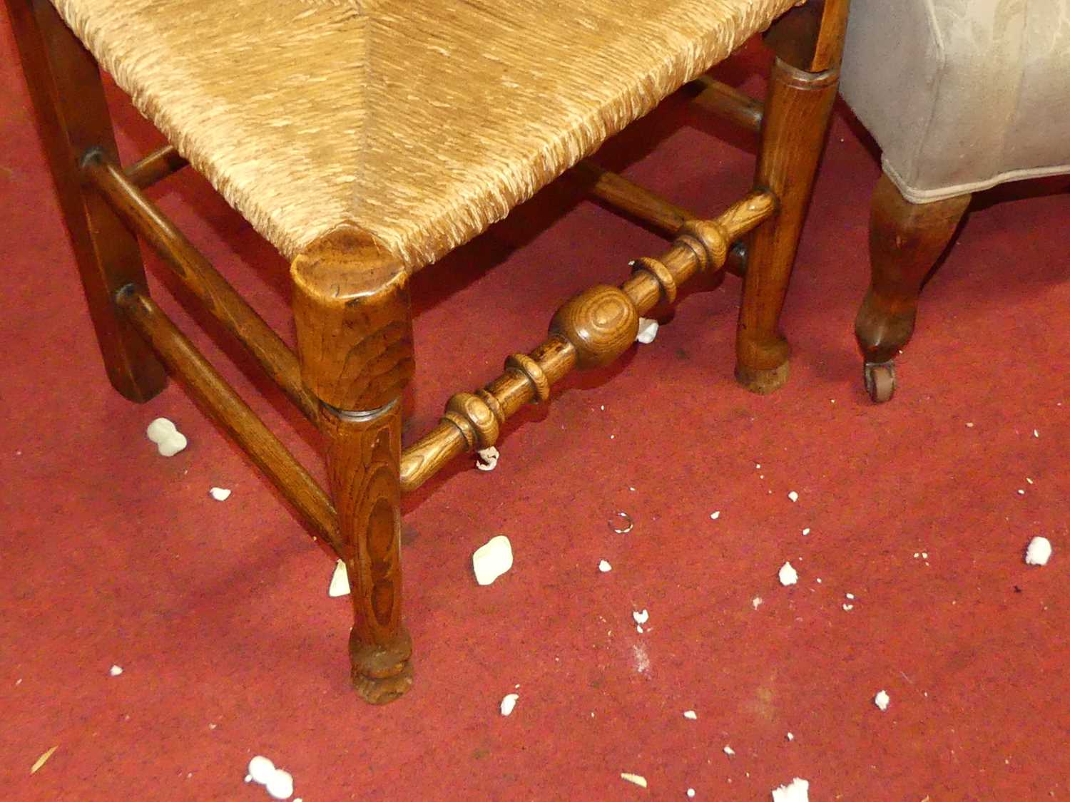 An Edwardian walnut framed and blue floral fabric upholstered tub chair, together with a ladder back - Image 2 of 7