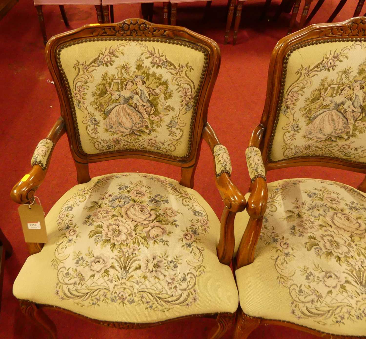 A pair of contemporary French walnut needlework floral and figural upholstered elbow chairs, in - Image 2 of 4