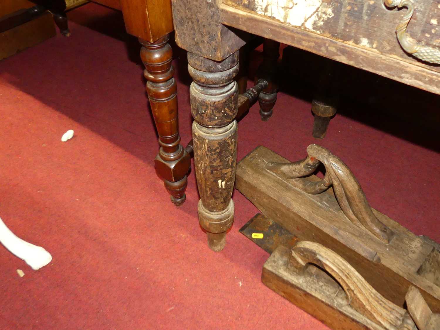 A rustic 19th century stained pine two drawer work table, on turned supports, w.117cm - Image 3 of 4