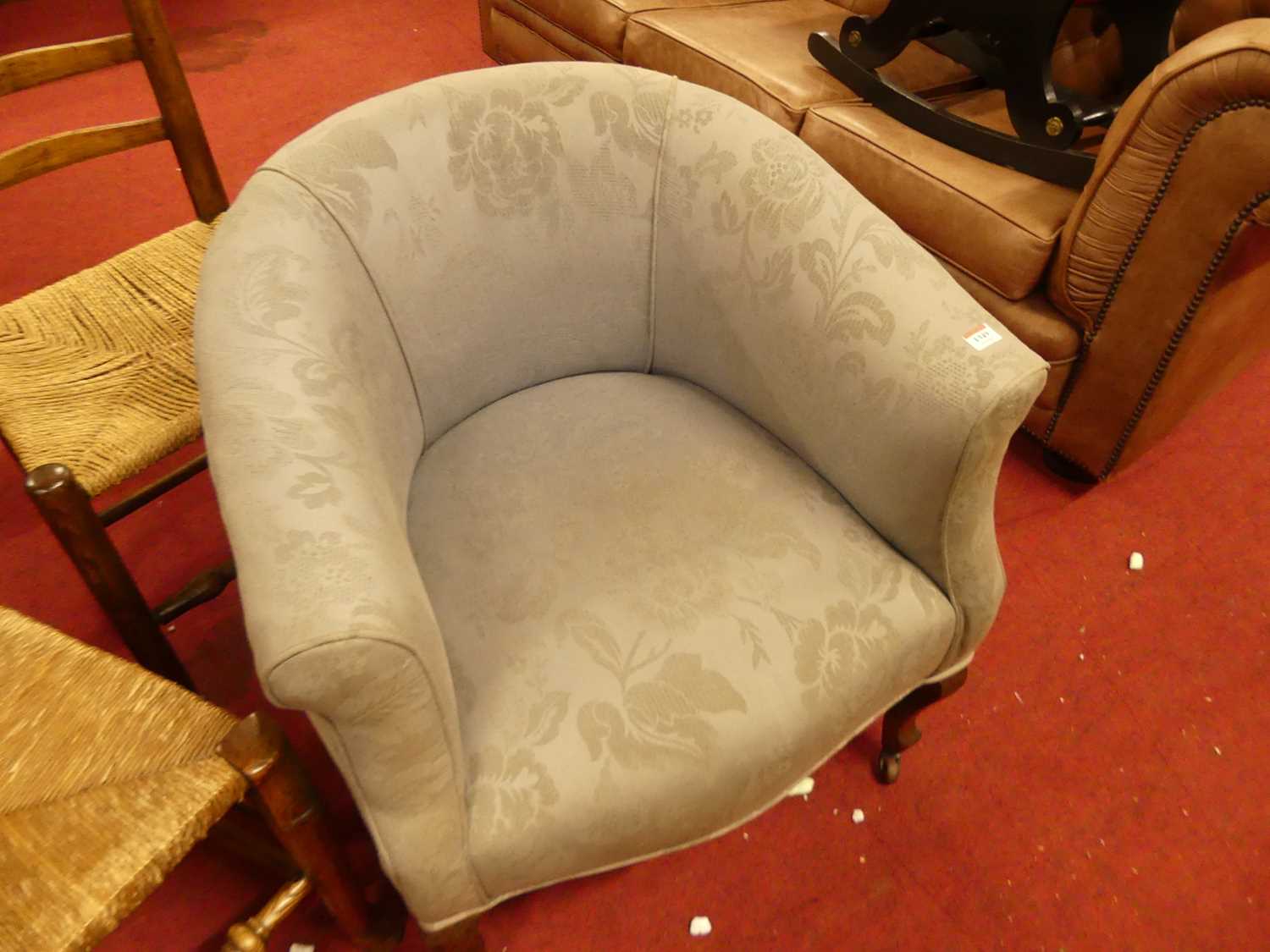 An Edwardian walnut framed and blue floral fabric upholstered tub chair, together with a ladder back - Image 7 of 7