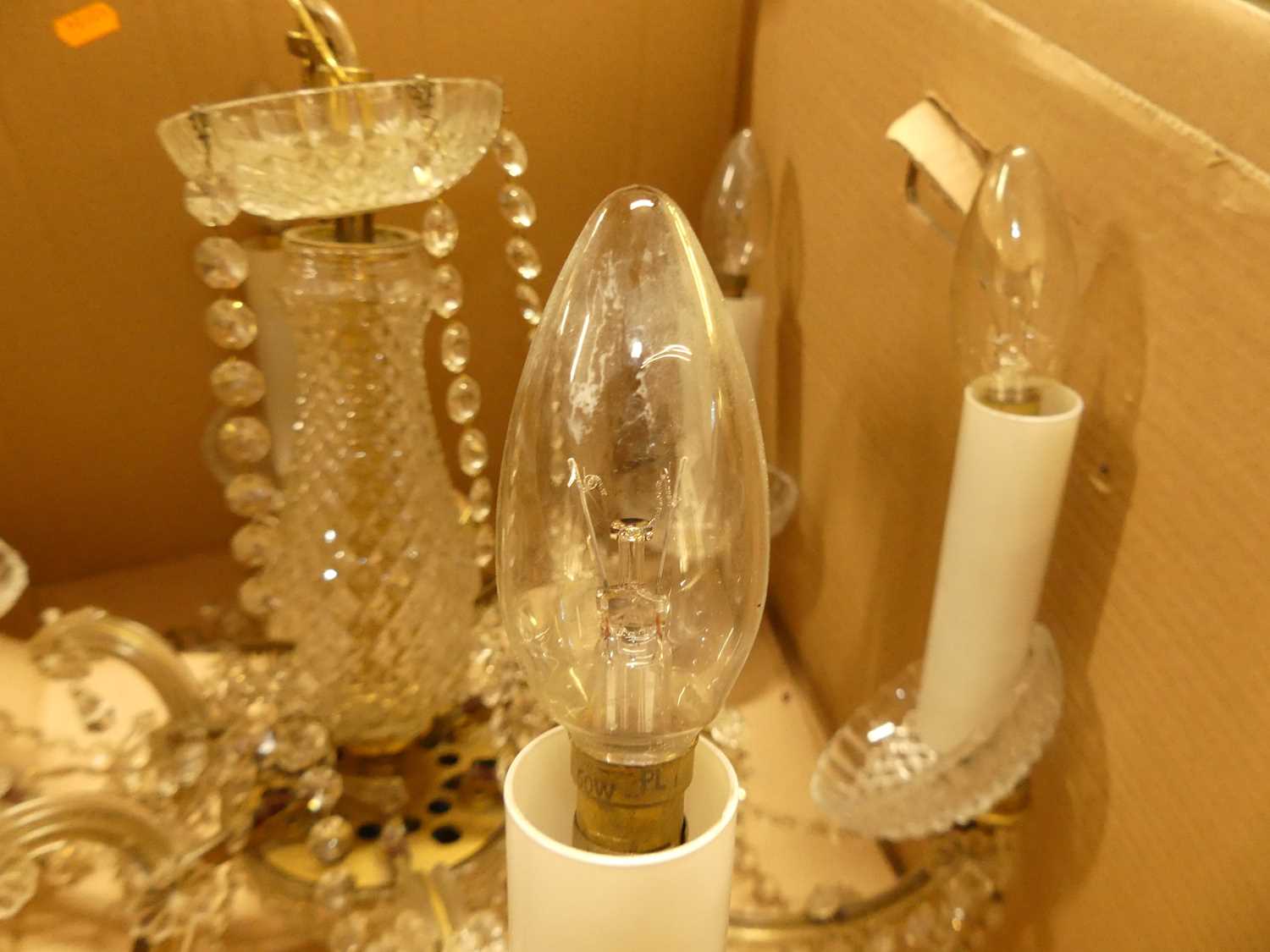 A moulded glass hanging six-light electrolier; together with a gilt brass and cut crystal glass drop - Image 4 of 6