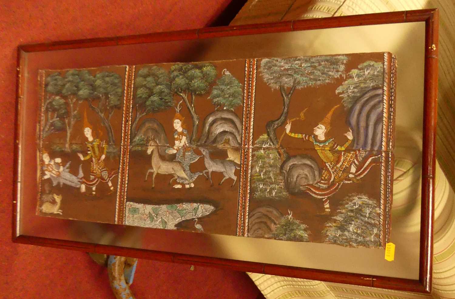 A Japanese painted scroll depicting Samurai warriors, within a glazed box frame; together with two - Image 2 of 9