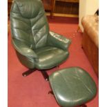 A contemporary green leather upholstered and formed laminate framed swivel armchair, with matching