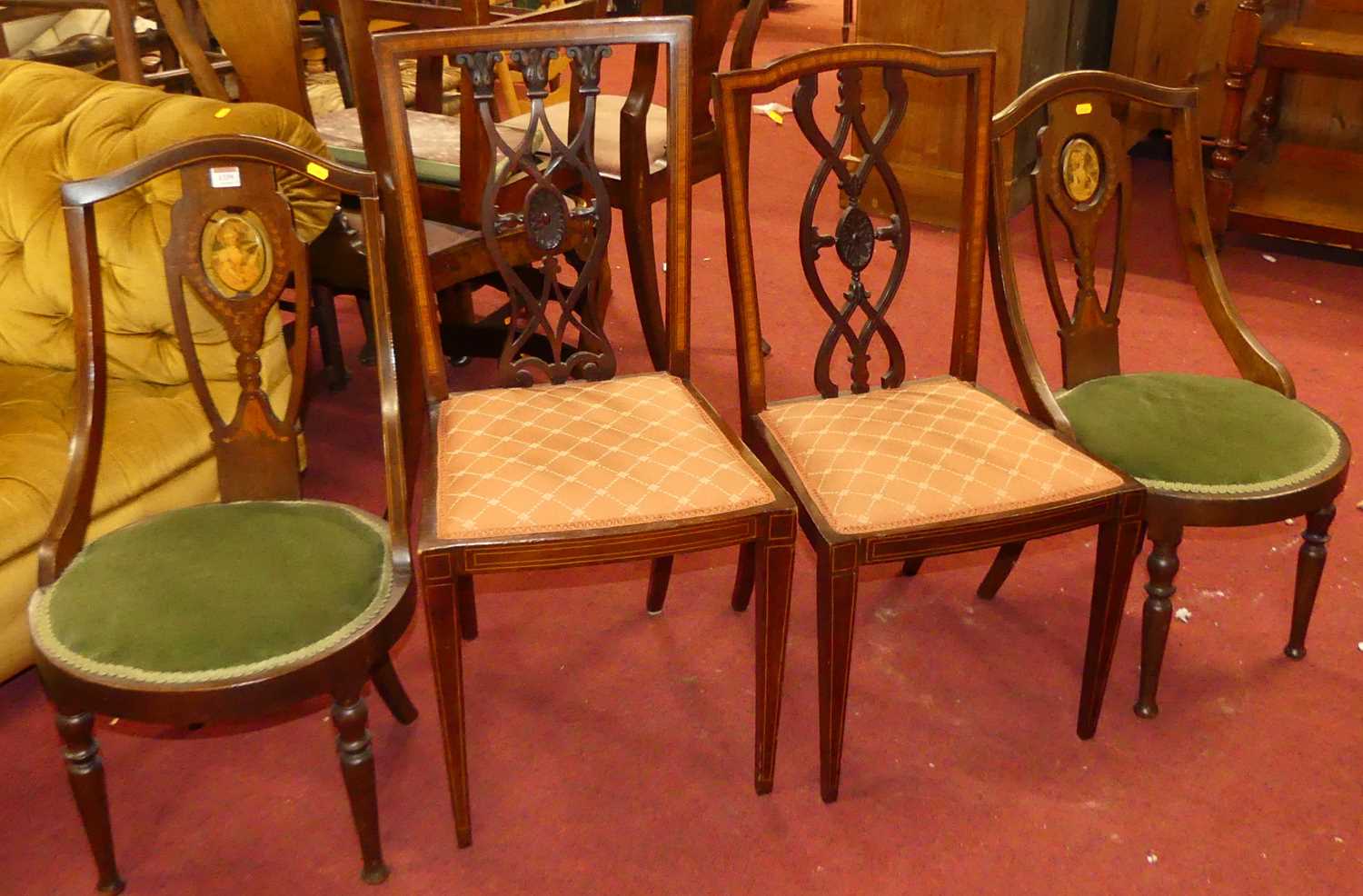 A pair of Edwardian mahogany and floral satinwood inlaid salon side chairs, together with two