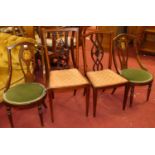 A pair of Edwardian mahogany and floral satinwood inlaid salon side chairs, together with two