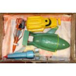 A vintage suitcase containing a quantity of plastic Made in Hong Kong Thunderbirds miniatures, to