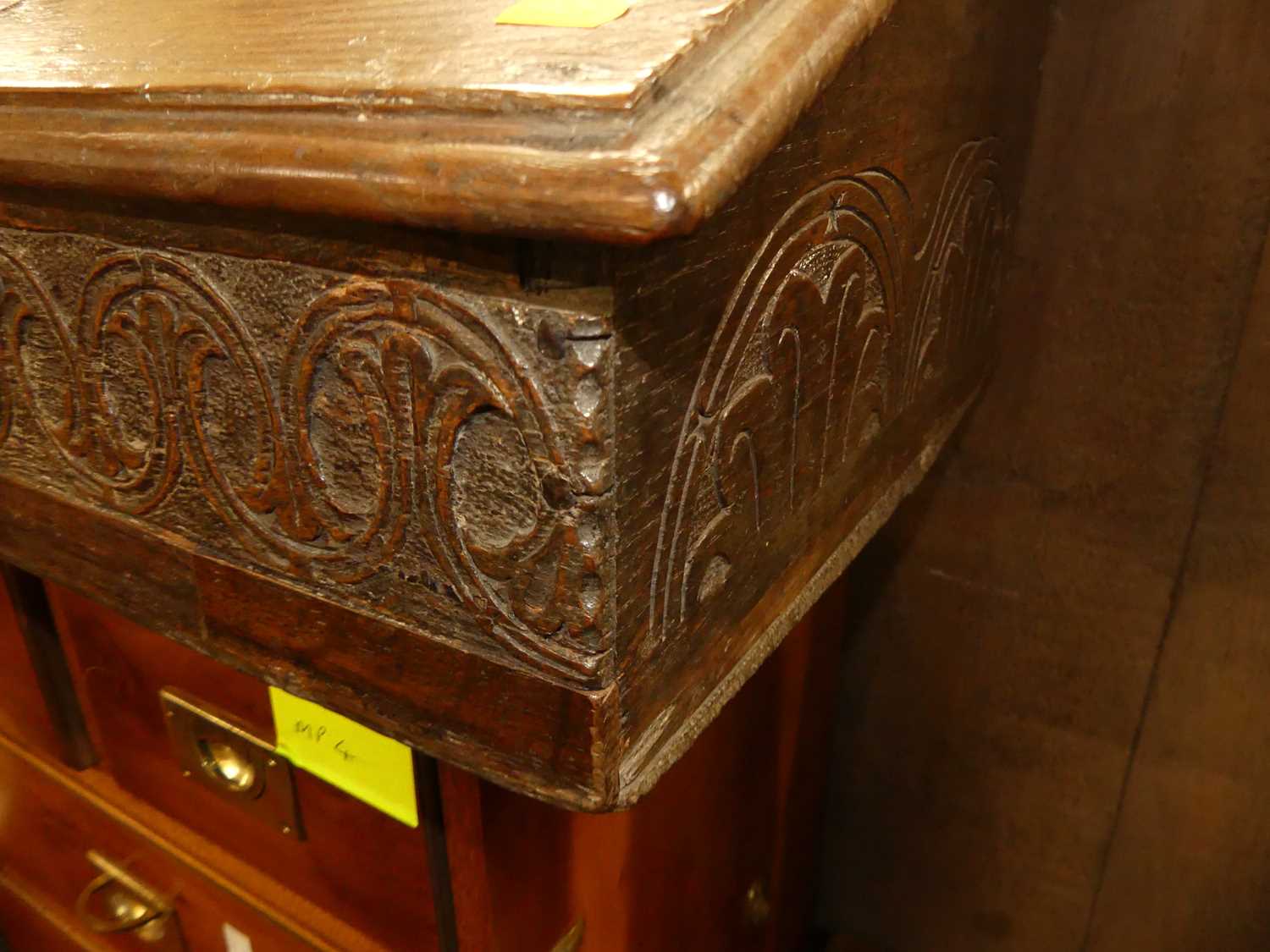 An 18th century oak slopefront hinged Bible box, having relief carved front panel, exposed iron - Image 3 of 5