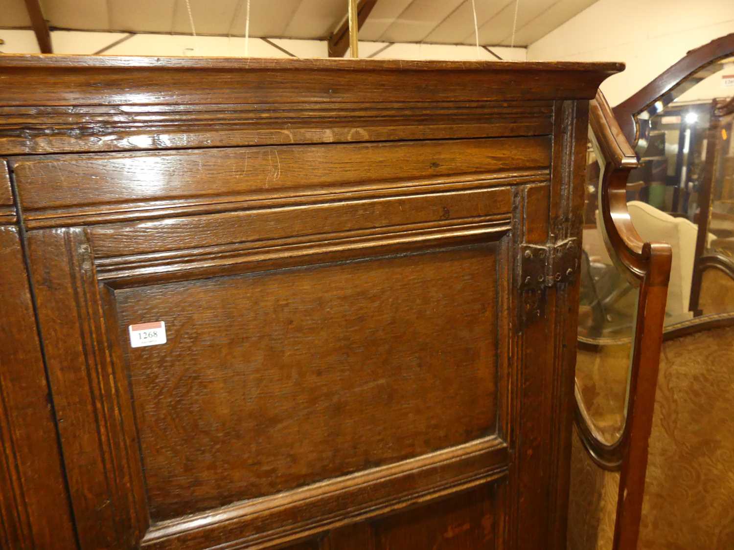 An antique joined oak double door panelled side cupboard, w.128cm - Image 4 of 5