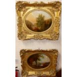 A pair of reverse oil paintings on glass of river landscape scenes, each framed as ovals, 32 x