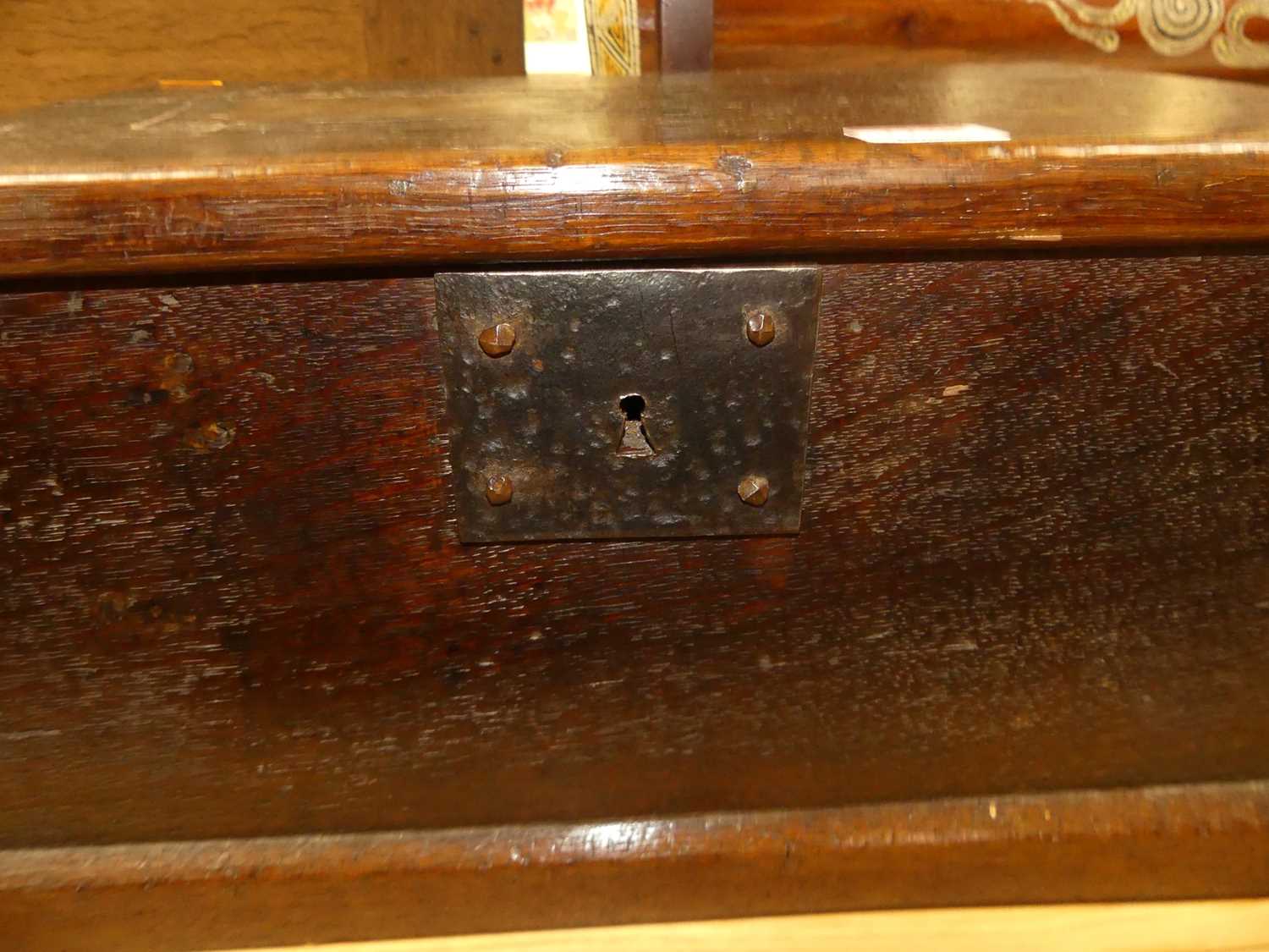 An 18th century oak hinge topped Bible box, having interior candle compartment, the inside of the - Image 2 of 5